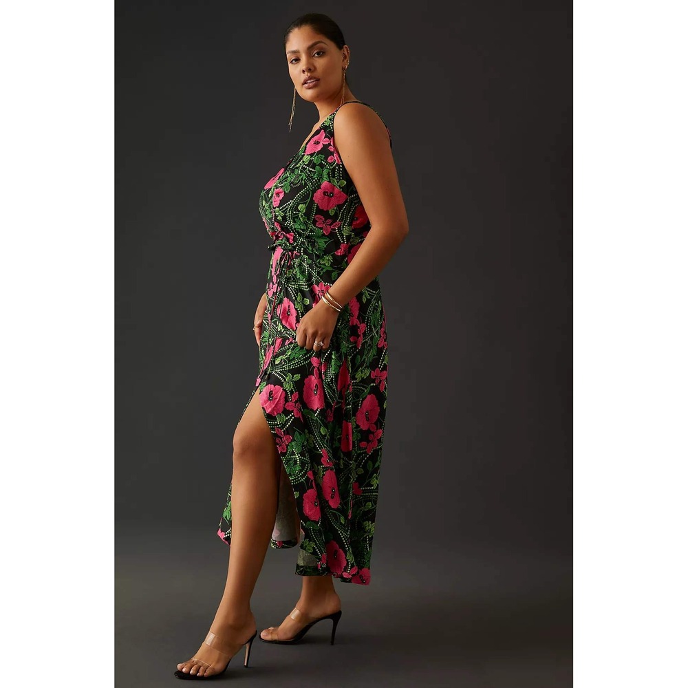 Maeve Anthropologie Ruched Midi Dress‎ Pink Floral Black Sleeveless- 22W